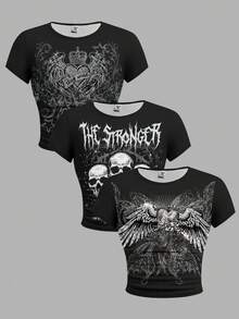 SHEIN 3pcs Tween Girls' Slim Fit Crew Neck Ruched Short Sleeve T-Shirt,Black,Summer,Grunge Punk Y2k,Concert Skull Heart Wing Punk Gothic Retro Print - Multicolor - View 2