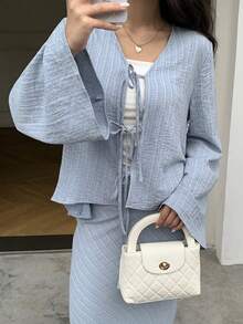 Mulvari 2件套优雅蝴蝶结前开襟通勤套装，女士 - 藍色 - 查看 4