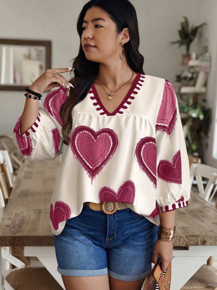 SHEIN LUNE Plus Size Women's Casual Vacation Style All-Over Heart Print V-Neck Lantern Sleeve Loose Blouse, Spring/Autumn  Day - Multicolor - View 3