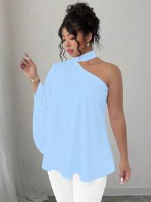 SHEIN Elenzya 大码纯色不对称领系带优雅时尚衬衫 - 淺藍色 - 查看 4
