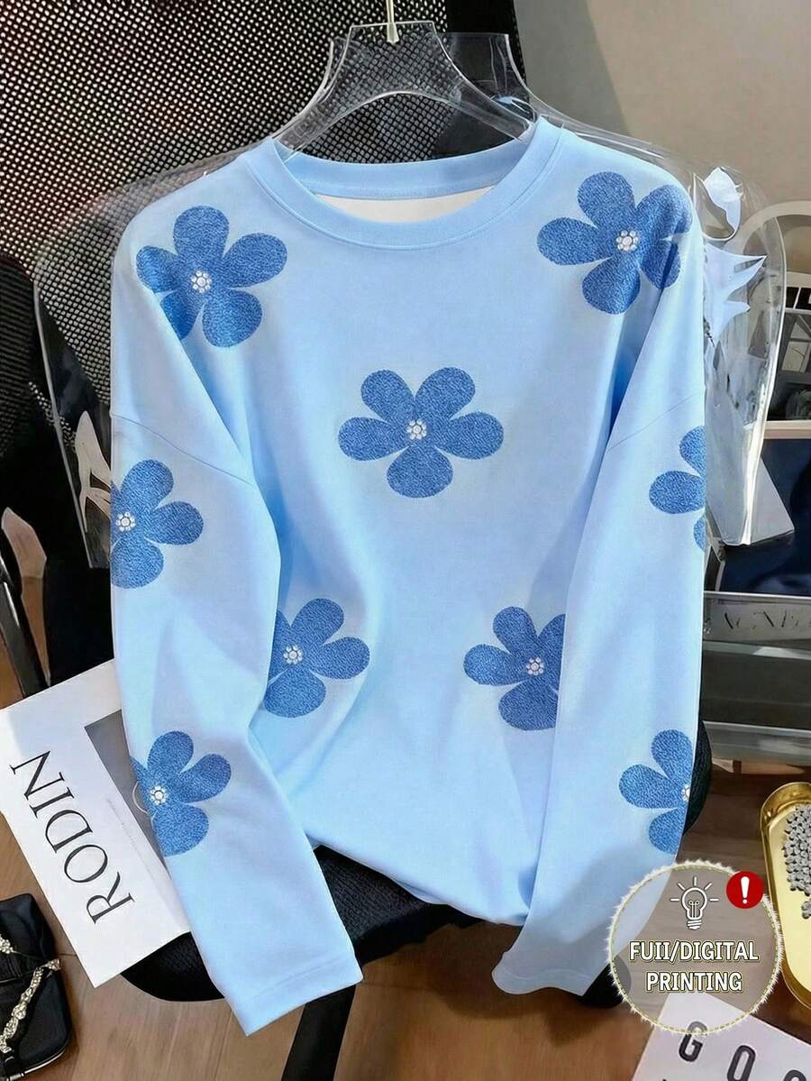 Resyla Floral & Pearl Print, Round Neck Faux Pearl Digital Print Round Neck Women's Printed T-Shirt - Multicolor - View 1