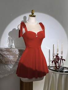 Elamini 复古丝绒无肩带系带收腰A字迷你连衣裙 - 紅色 - 查看 3