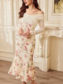 Vintamour فستان نسائي أنيق بطبعة زهرية على الكتف مع تصميم متقاطع ومطوي، مناسب للحفلات والعطلات، بتصميم ضيق وذيل سمكة، فساتين شتوية للنساء، فستان عيد الحب، ملابس عيد الحب للنساء، فستان رأس السنة، فساتين رأس السنة للنساء، ملابس رأس السنة، ملابس حفلة رأس السنة للنساء، فساتين أنيقة للنساء، فساتين أنيقة للسيدات، ملابس العطلات للنساء، فساتين أنيقة للحفلات، ملابس الربيع - لون مشمشي - مشاهدة 5