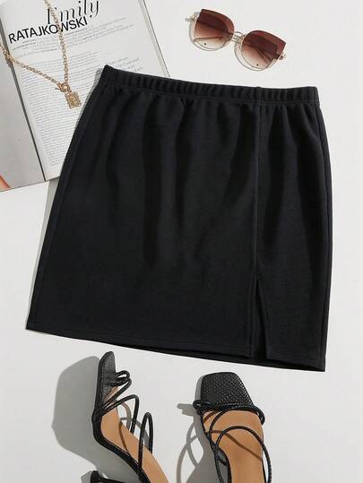 SHEIN Essnce Plus-Size Women's Spring/Summer Fashionable Casual Stretchy Comfortable Everyday Basic Versatile Slimming Black Front Slit Bodycon Midi Skirt,Women Bottom,Summer Outfits,Curve Skirt