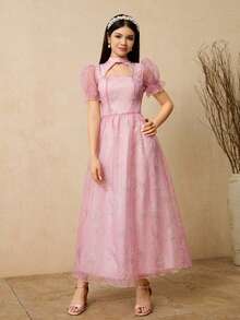 少女粉色薄纱短袖连衣裙