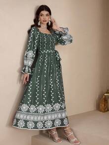 Al Najma New Vacation Floral Print Cinched Waist Slimming Casual Vacation Everyday Versatile Elegant Dress - Green - View 3