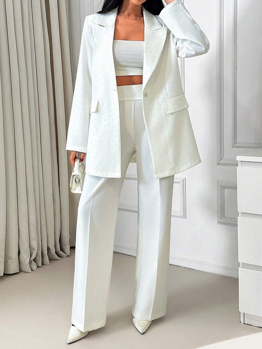 EURMUSE Women Two Pieces Rhinestone Detailed Blazer And Pant Suit Sets - White - View 1