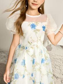 女童优雅印花修身欧根纱连衣裙，适合晚宴、圣诞节、万圣节、感恩节、婚礼、舞会、毕业典礼、返校季及其他场合。 - 杏色 - 查看 8