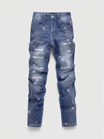 Jeans casual da uomo con tasche e strass decorativi