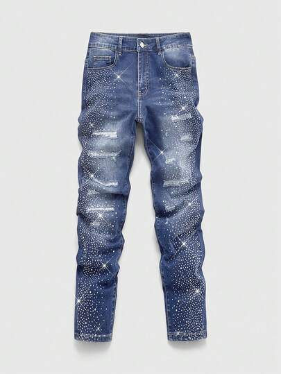 Jeans casuales con bolsillos rotos y adornos de rhinestones para hombres