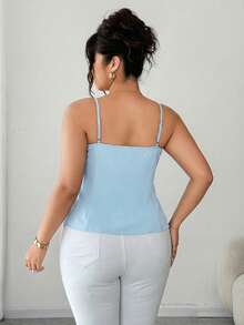 Elenzga Plus Size Elegant Baby Blue Top Women,Summer Office Commute Fashionable Asymmetric Waist Cinched Camisole With Adjustable Straps,A-Line Hem Slit Top - Baby Blue - View 2