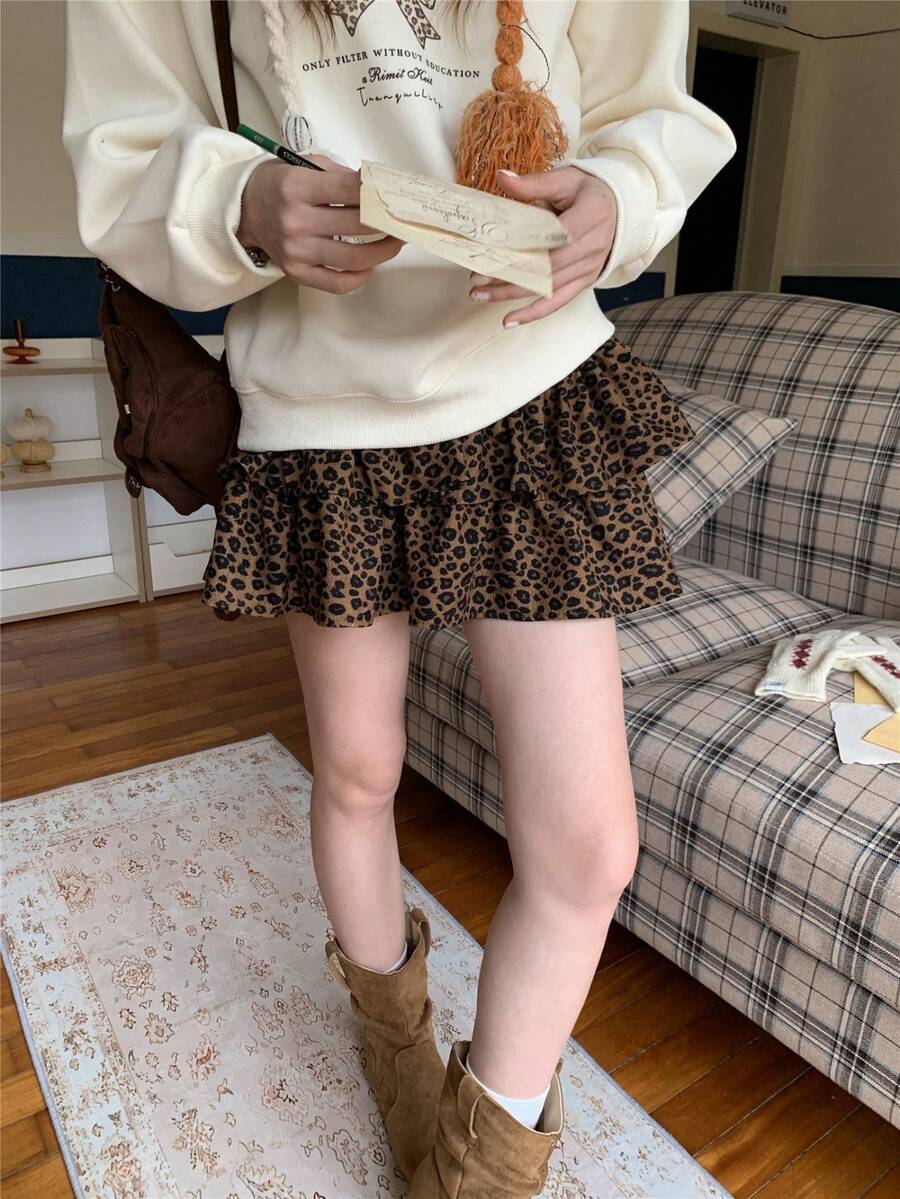 K-Vae Chân váy nữ kiểu vintage họa tiết da báo xếp nếp. - màu nâu - Xem 1