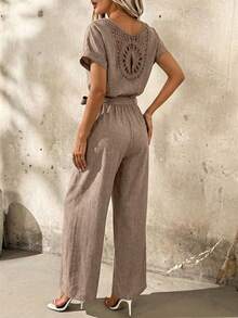 SHEIN Clasi Vacation Casual Short Sleeve Jumpsuit With Belt - Camel - View 2