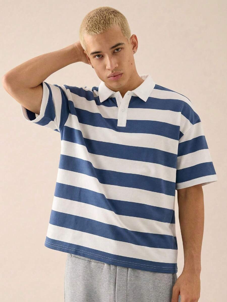 SWAVVY 男士条纹短袖休闲通勤 Polo 衫 - 彩色 - 查看 1