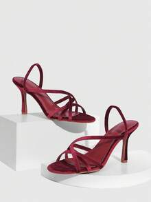 CUCCOO SZL 女士时尚酒红色交叉绑带露跟高跟凉鞋 - 酒紅色 - 查看 1