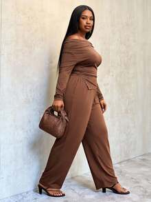 Slaydiva Plus Size Solid Color Casual Minimalist Off-Shoulder Long Sleeve Top And Pants 2-Piece Set - Coffee Brown - View 12