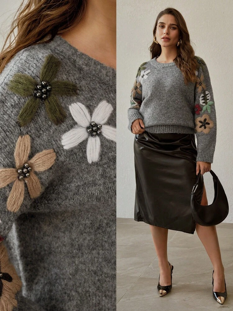 VINTAGE FLORAL EMBROIDERED LOOSE FIT PLUS SIZE KNIT TOP