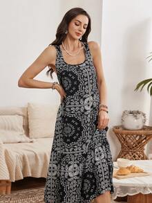 SHEIN 女士黑色圆领荷叶边下摆波西米亚几何印花无袖中长连衣裙，柔软梭织面料，休闲度假装或睡衣 - 黑色 - 查看 5