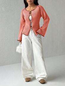 Jeanoix 女士休闲长袖开衫 - 橘色 - 查看 3