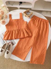 SHEIN Genkimix Kids 2件套 女童休闲橙色纹理面料吊带背心和阔腿裤套装 - 橘色 - 查看 3