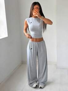 SHEIN EZwear 女士灰色刺绣针织休闲套装 - 淺灰色 - 查看 8