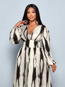 SOLERSUN 大码女装秋冬日常休闲优雅通勤黑色杏色印花V领荷叶边紧身长袖蝙蝠袖褶裥高腰A字梭织连衣裙（随机花朵图案）女士秋季面料，长款连衣裙 - 黑與白 - 查看 7