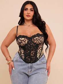 SHEIN BAE Plus Size Women Leopard Print Lace Patchwork Camisole, Going Out Tops - Black - View 6