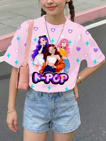 SHEIN Lila, Tecknad Flicka LUMINA Tryck, Ung Flicka Avslappnad Minimalistisk Rund Hals Kortärmad Basic T-shirt, Lämplig För Vår/Sommar Vardagskläder, Utflykter, Campus, Semester, Tecknade Animeflickor Grafiska T-shirts, Chic, Ny Stil,