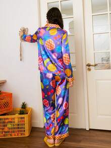 Young Pineapple, Cherry, Pomegranate, Grape Fruit Print Lapel Cardigan Women Pajama Set - Multicolor - View 4