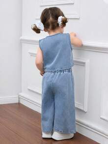 SHEIN Bộ đồ HEIN 2 món cho bé gái gồm áo yếm và quần cạp chun, đồ mặc nhà phong cách boho thường ngày, đồ tốt nghiệp/dự tiệc/kỳ nghỉ, đồ mặc mùa thu thoải mái và dễ chịu cho bé. - Màu xanh lam - Xem 2