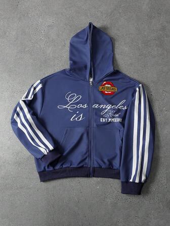 sweat-shirt à capuche décontracté à zip et imprimé de lettres à manches longues pour hommes