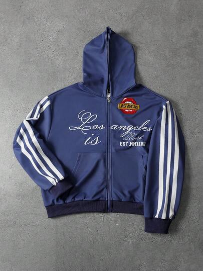 Felpa con cappuccio casual da uomo con chiusura lampo e stampa di lettere sulle maniche lunghe