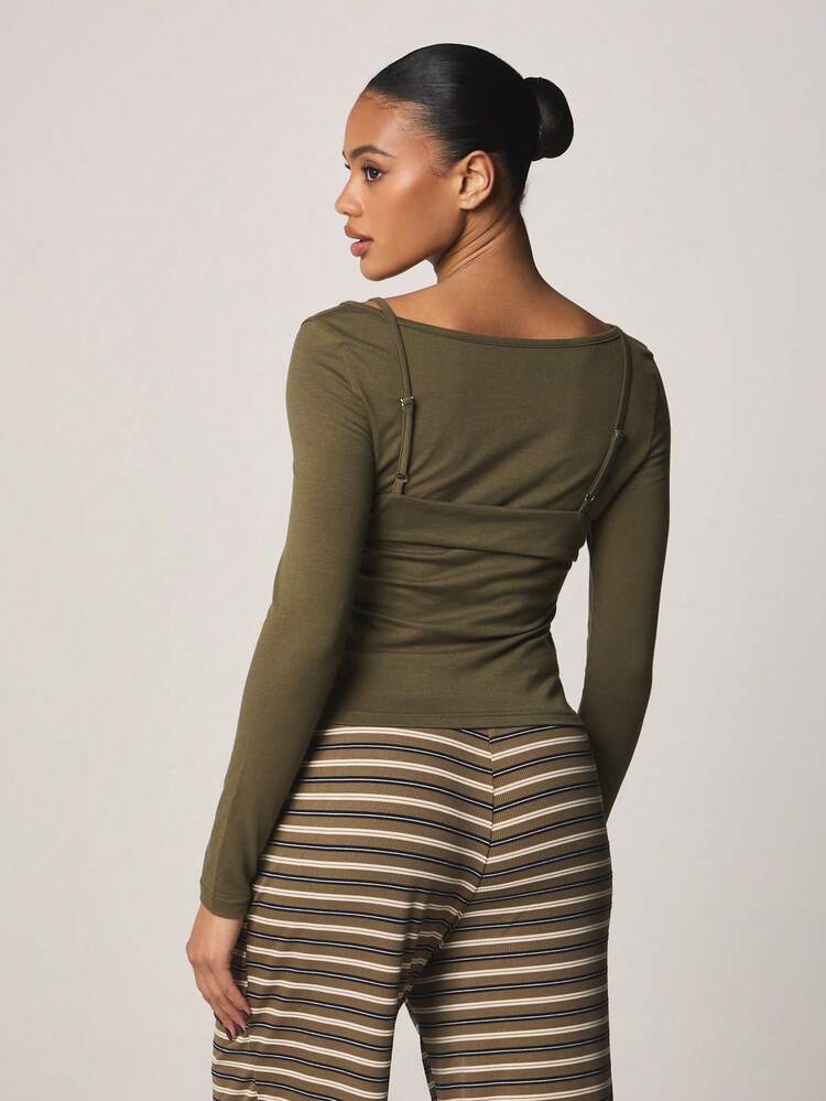 MISSGUIDED Olive Long Sleeve Overlay Bralette Top