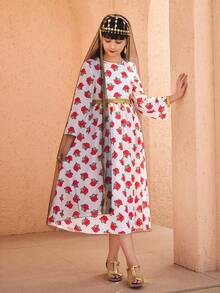 عباياتabaya
جلابياتjalabiya
جلابيه 
الملابس التقليدية العربية,Tween Girl Elegant Party Floral Allover Print Mesh Overlay Dress, Thobes For Kid Girls, Kids Arabic Dress, Abayas For Kids - Multicolor - View 5