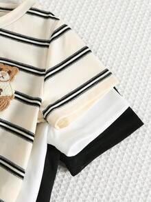 SHEIN 6件套婴儿男女童可爱条纹印花短袖T恤和松紧腰短裤基础套装，春夏款 - 彩色 - 查看 4