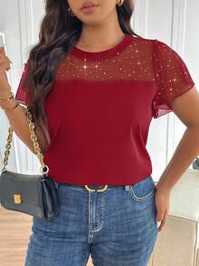 SHEIN Frenchy T-shirt transparent à encolure ronde, empiècement en maille et volants, grande taille - Rouge foncé - Voir 3