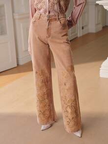 Anewsta Women's Elegant Sexy Romantic High Waist Fashionable Embroidered Hollow Out Loose Wide Leg Blue Pants - Brown - View 5