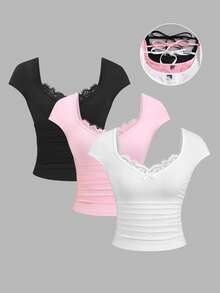 Sweetra Y2K性感蕾丝边饰二合一休闲百搭T恤套装 - 彩色 - 查看 3