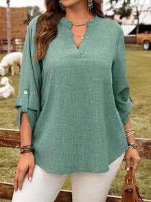 EMERY ROSE Plus Size Women's Casual Basic Roll Up Sleeve Notched Neck Blouse Fall - Mint Green - View 1