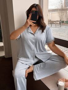 Dream Adore 撞色蕾丝柔软针织纽扣开衫休闲家居服睡衣套装 - 淺灰色 - 查看 5