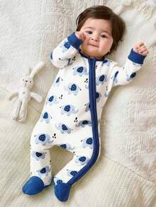 Cozy Pixies Bộ áo liền quần dài tay cổ tròn phối màu tương phản, chất liệu mềm mại, họa tiết hoạt hình, dành cho bé gái sơ sinh. - Nhiều màu - Xem 3