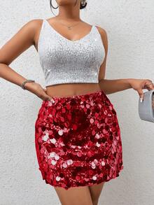 SHEIN Tall Ladies' Fashionable Party Sexy Sequin Mini Skirt - Burgundy - View 3