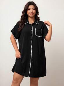 Enliva Đầm sơ mi tay cánh dơi phối màu, cỡ lớn, kiểu dáng thường ngày, thích hợp cho nữ đi chơi, tôn dáng người tròn trịa. - màu đen - Xem 7