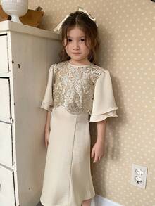 DAZY Young Girls Round Neck Lace Patchwork 2 In 1 Dress Summer - Apricot - View 1