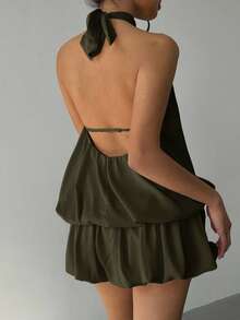 Aloruh Women's Solid Color Ruffle Hem Halter Neck Mini Dress - Army Green - View 2
