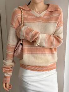 DAZY Striped Collared Cropped Loose V-Neck Sweater For Women - Coral Orange - View 7