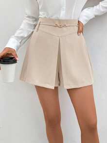 SHEIN Clasi Shorts elegantes de unicolor con decoración de cadena y abertura lateral para mujer - Albaricoque - Ver 4
