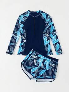 SHEIN 长袖热带印花防晒泳衣套装，长袖泳衣和短裤拉链两件套，泳裤配防晒衣，女童长袖防晒衣，长袖泳衣，少女泳装防晒衣 - 彩色 - 查看 4