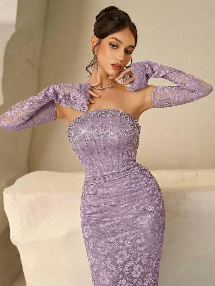 Coutiva فستان سهرة فاخر، فستان رسمي راقي، فستان حفلة أنيق ومتطور، فستان رسمي بنفسجي، فستان سهرة بنفسجي، فستان أنيق بنفسجي للنساء، فستان رسمي مطرز بالدانتيل بتصميم الحورية - الأرجواني - مشاهدة 6