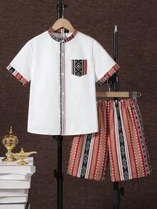 SHEIN Jellabiya de festival, ropa árabe tradicional, abaya, conjunto de camisa de manga corta y pantalones cortos casual de bloques de color y parches para niño preadolescente, chándal con camisa blanca, top básico, adecuado para primavera/verano, salidas, San Valentín, citas, viajes, vacaciones, reuniones familiares, vuelta al cole, temporada de bodas, cenas formales, fiestas de cumpleaños - Multicolor - Ver 2